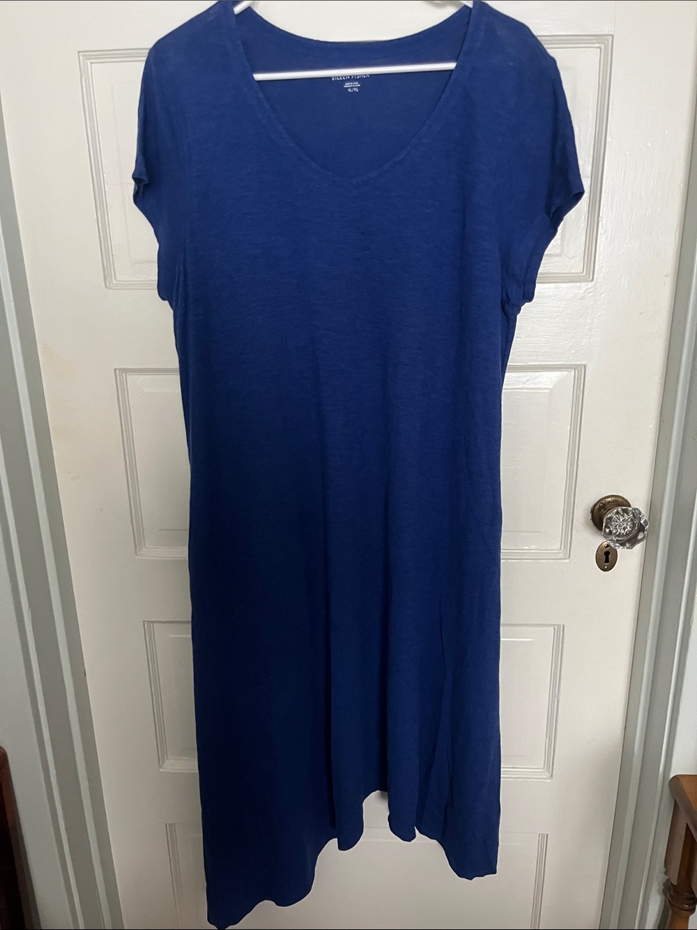 Eileen Fisher V-Neck Short-Sleeve Tunic Dress — Blue